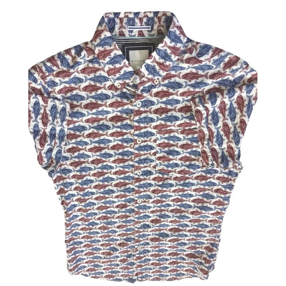ZipCode Men Short Sleeve Button Down‎ Performance Fish Pattern Shirt Small